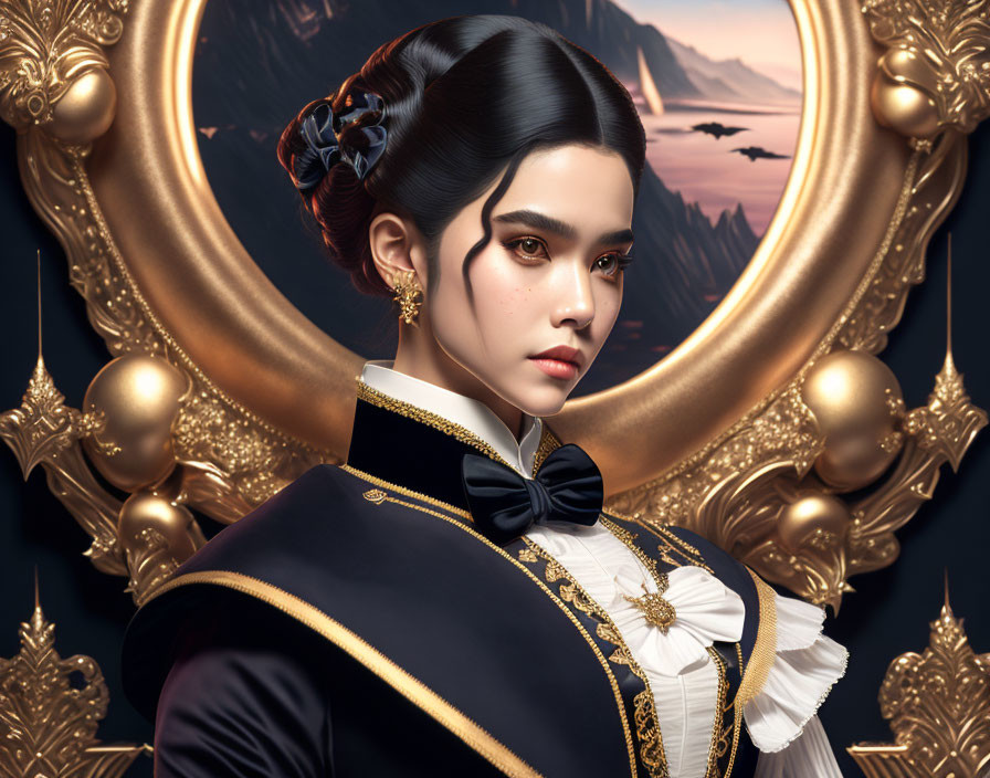 Elegant woman portrait in black outfit with gold details framed against mountain backdrop