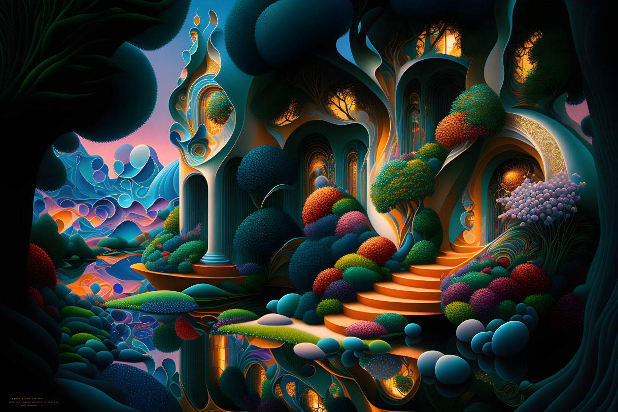 Whimsical, surreal landscape with vibrant trees and unique architecture