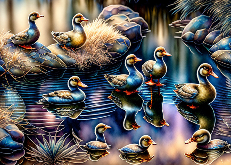 Detailed Ducks and Lily Pads Artwork with Water Reflections