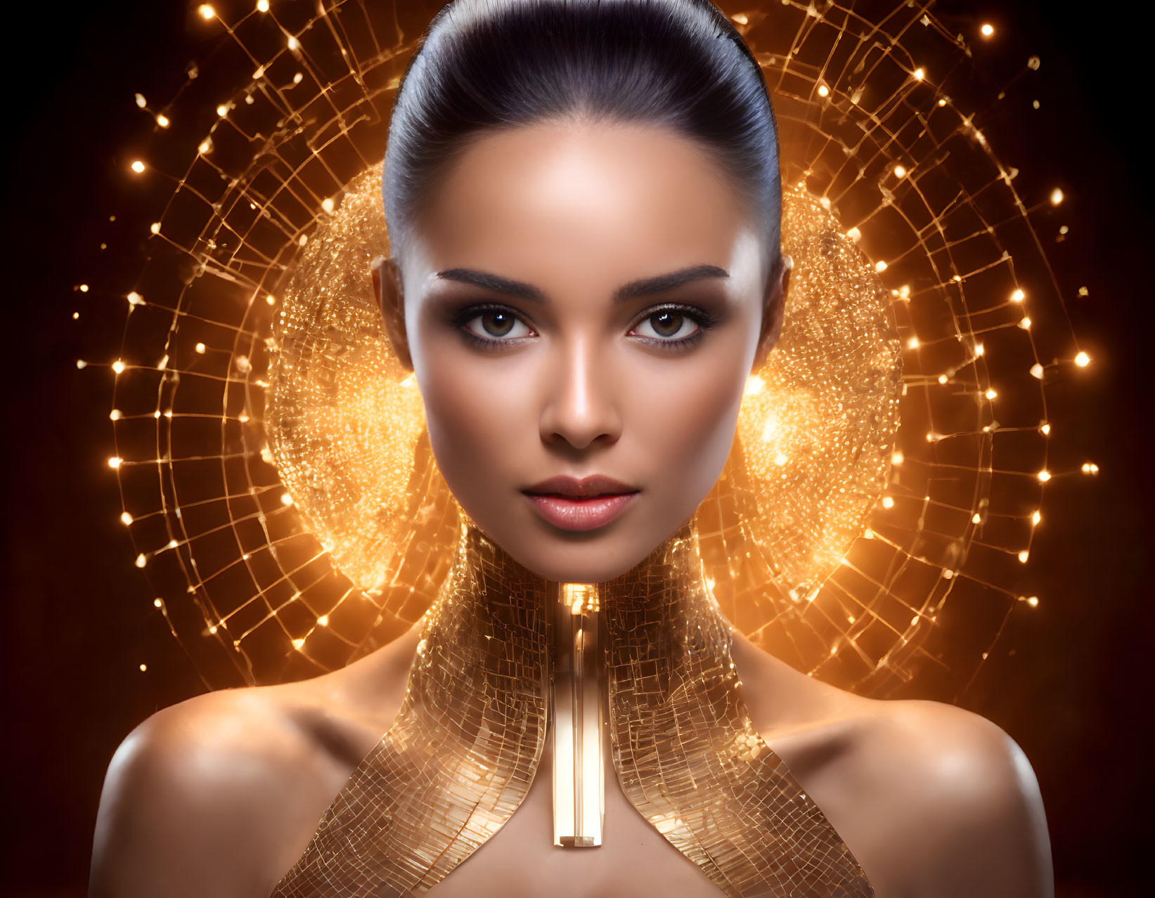 Sleek-haired woman with glowing skin in futuristic setting