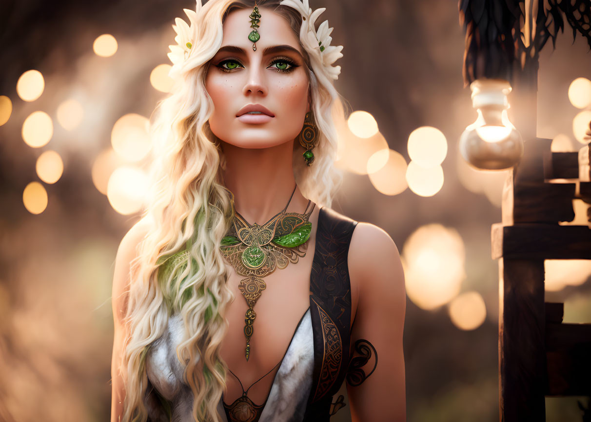 Blonde Woman with Flowers in Hair and Green Eyes Portrait