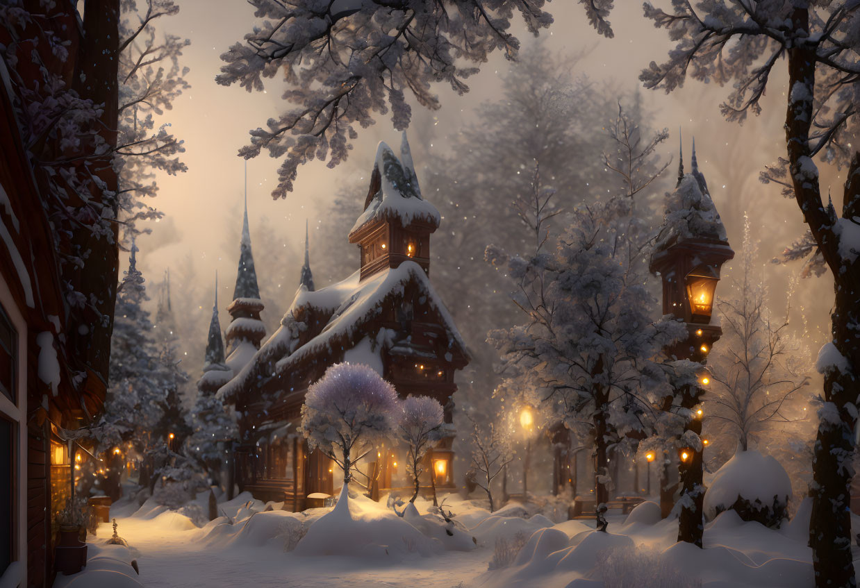 Snow-covered trees and traditional buildings in tranquil winter dusk