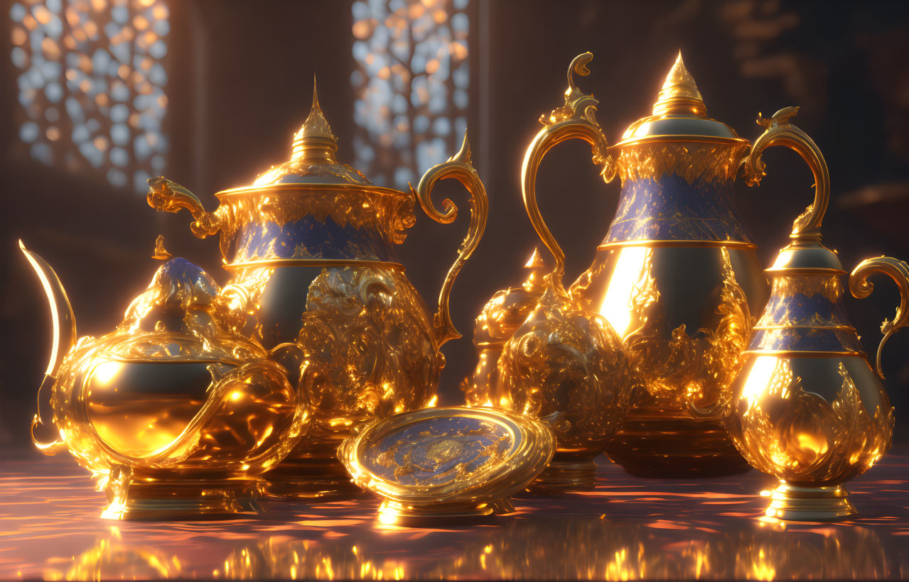 Intricately designed golden teapot set in warm, amber-lit room