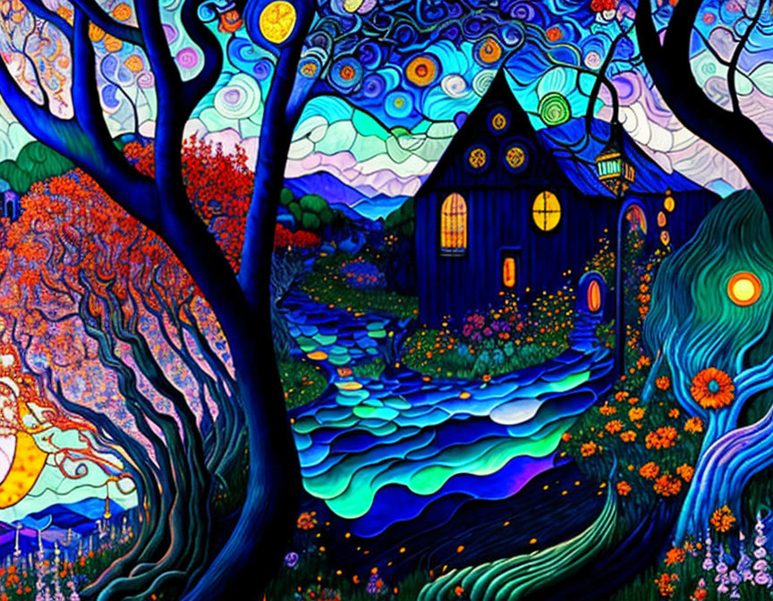 Colorful painting of whimsical landscape with swirling patterns, house, and starry sky