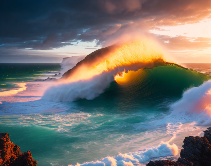 Vivid sunset over massive ocean wave and rocky cliffs