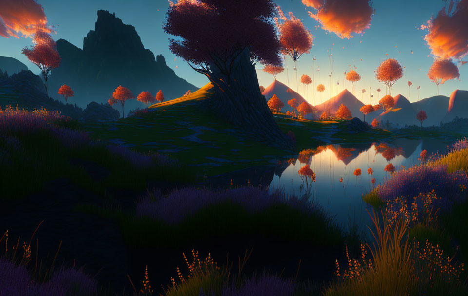 Tranquil Twilight Landscape with Orange Sky, Lake, and Purple Flowers