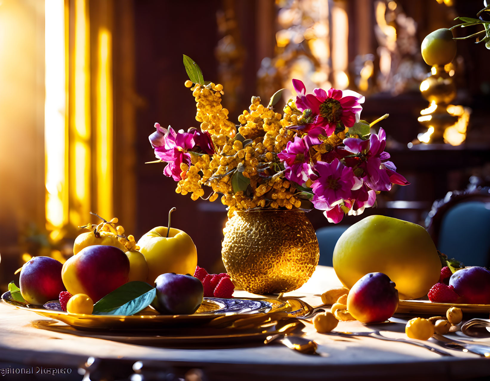 Colorful Still Life: Flowers in Golden Vase with Fresh Fruits