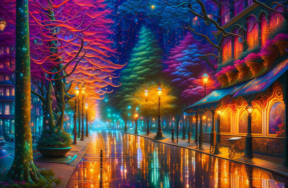 Colorful Night Streetscape with Illuminated Trees and Ornate Buildings