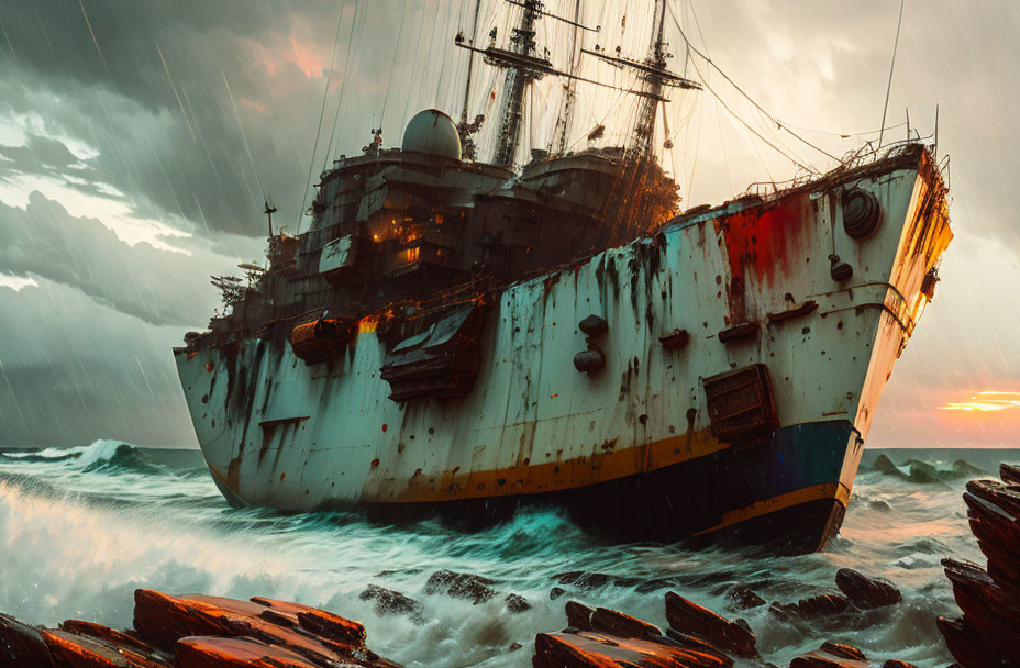 Beached ship in storm with crashing waves under dramatic sunset