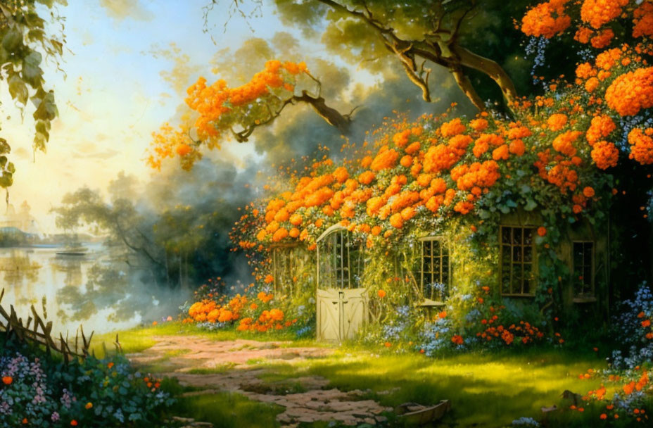 Peaceful cottage surrounded by orange blossoms near serene river