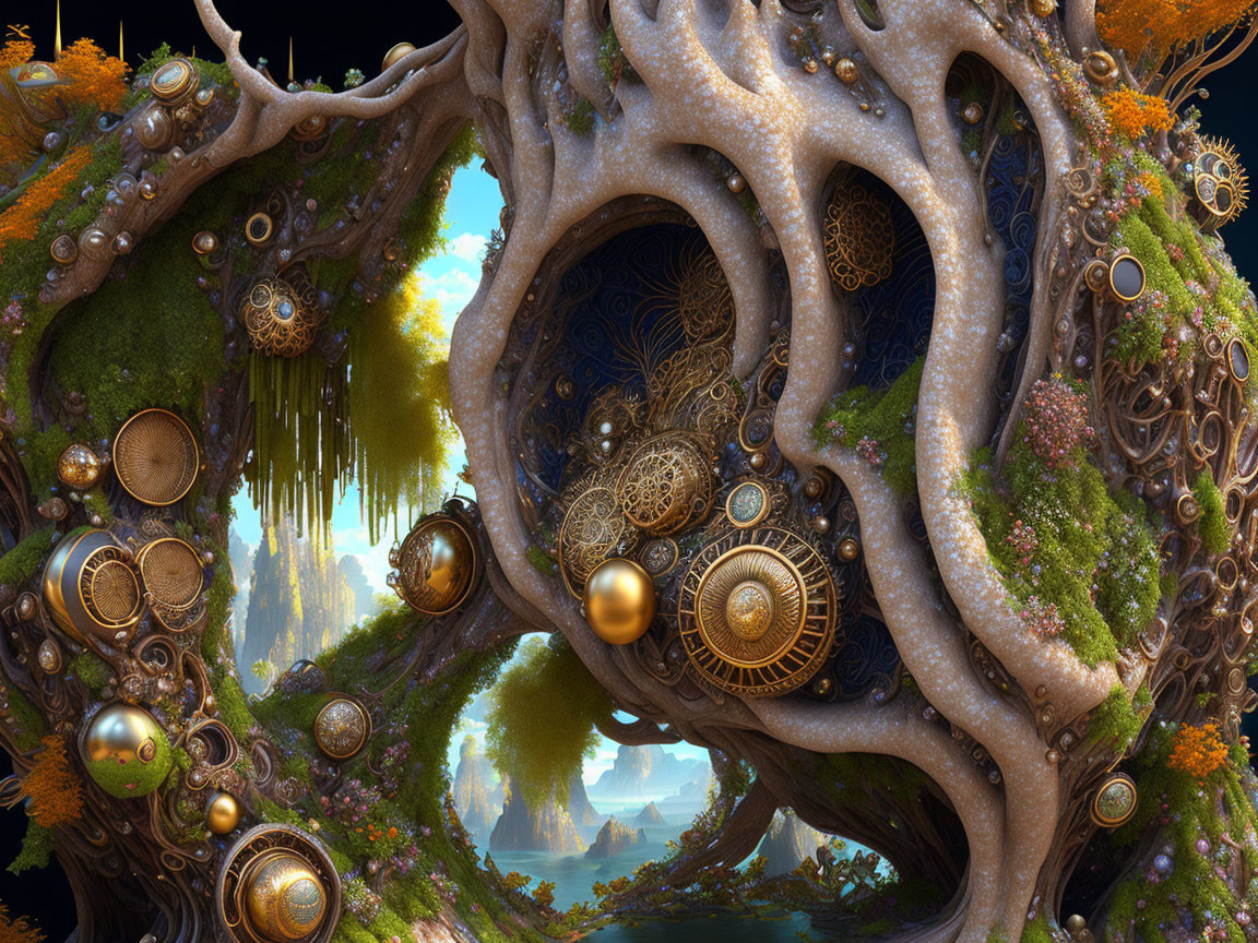 Fantastical landscape with organic tree roots, mechanical gears, moss, and towering rock formations