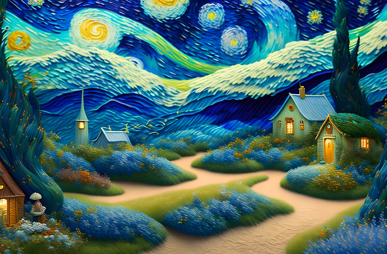 Three-dimensional rendition of "Starry Night" with vibrant blue sky and swirling clouds