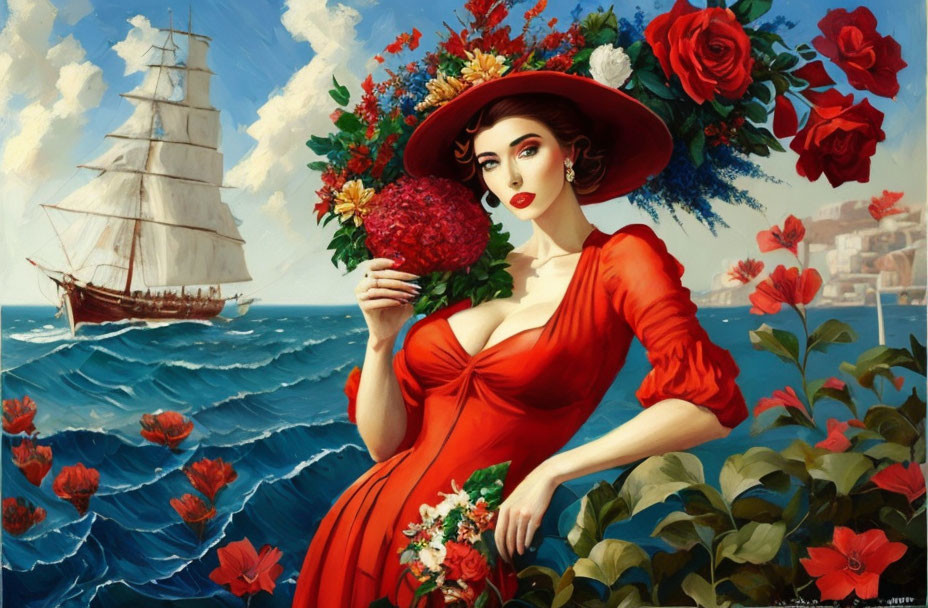 Stylized painting of woman in red dress with flower, sailboat, coastal town