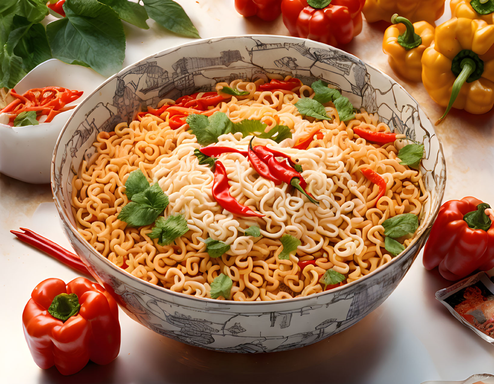 Instant noodles with red chilies and bell peppers on light surface