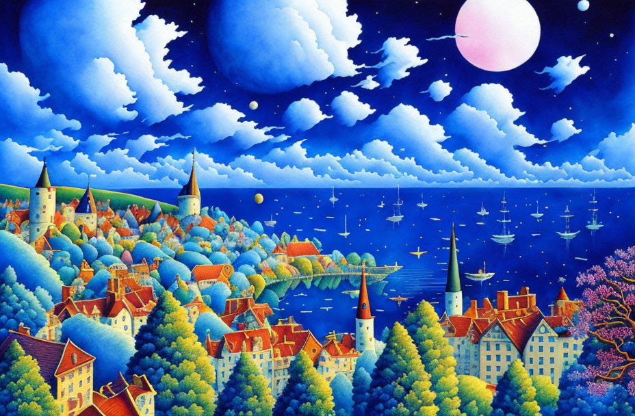 Colorful Coastal Town Painting with Moon and Pink Planet