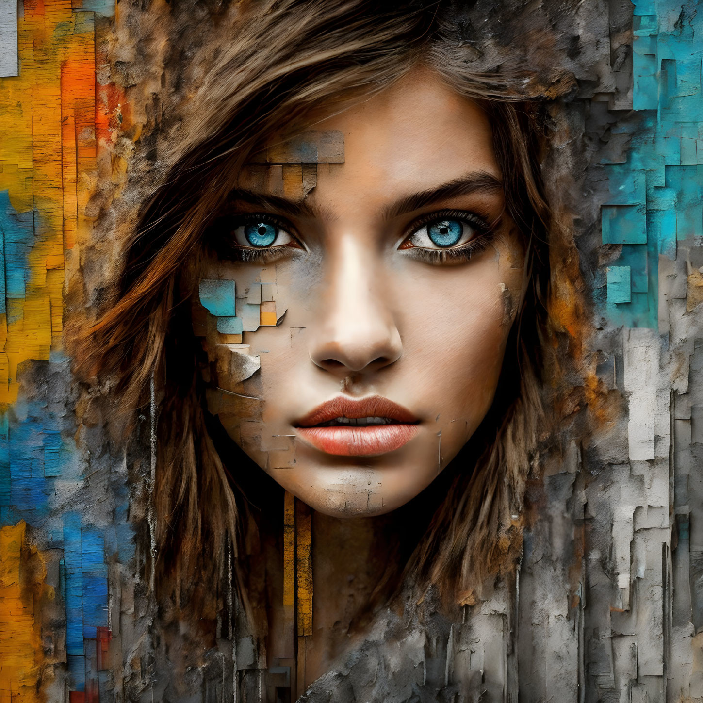 Abstract digital art portrait blending woman's face with textured, colorful abstract elements.