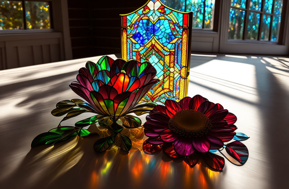 Vivid stained glass artwork and flowers on wooden table with sunlit window