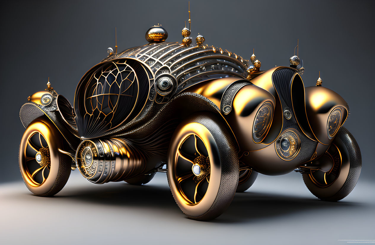 Luxurious golden and black futuristic vehicle design on grey background