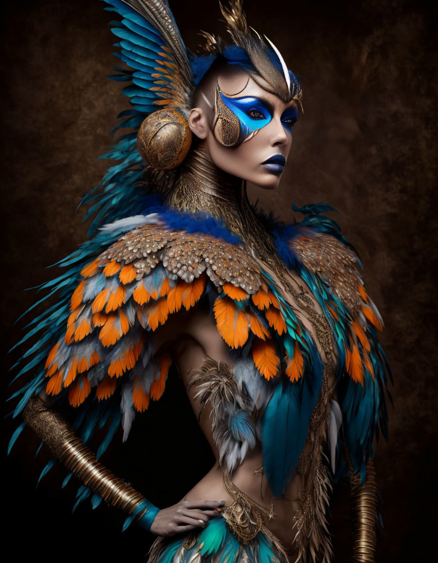 Elaborate costume with blue and orange feathers and bird-like headdress