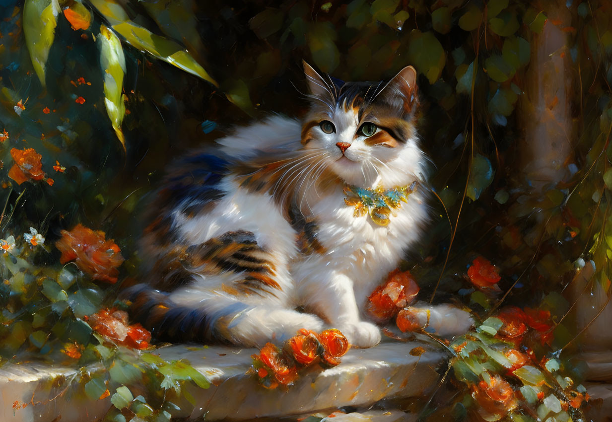 Calico cat with jeweled collar in garden setting