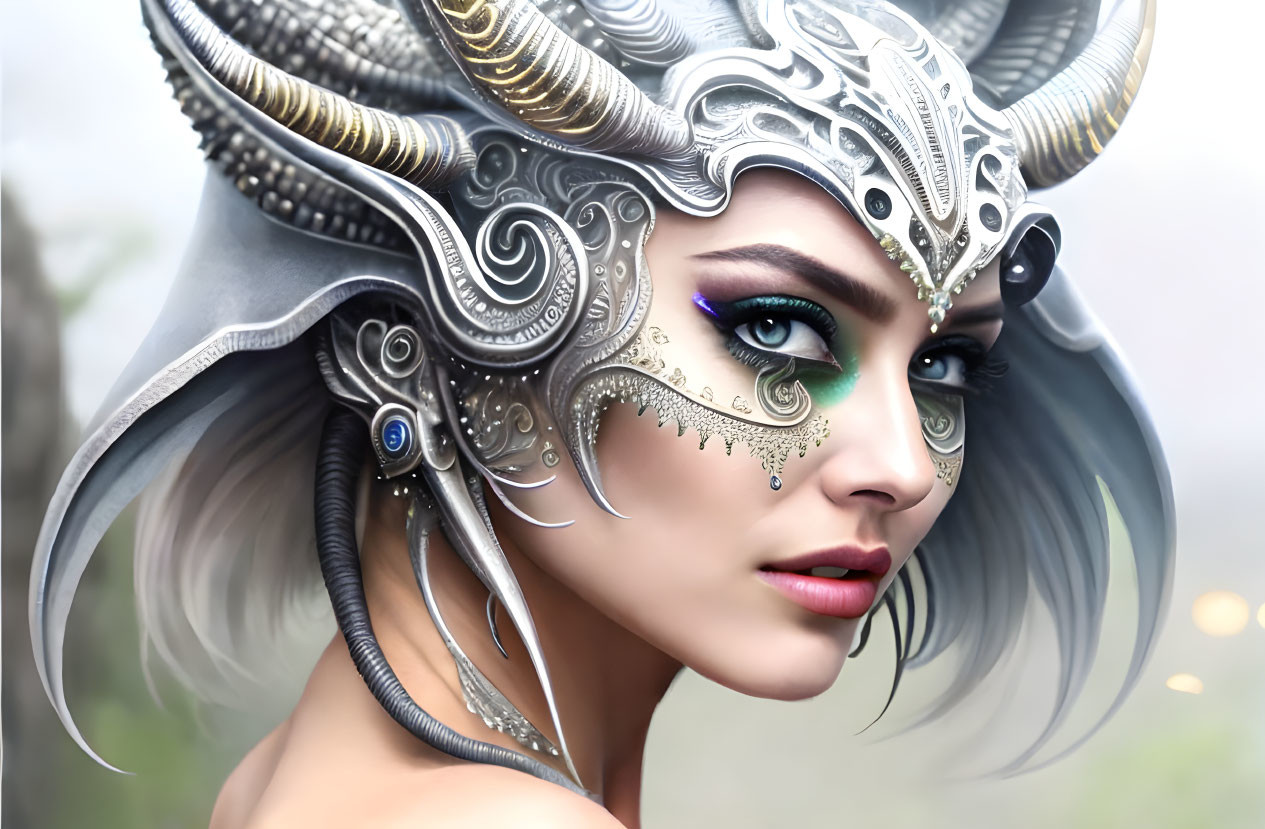 Fantasy portrait of woman with ram's horns and metallic headdress