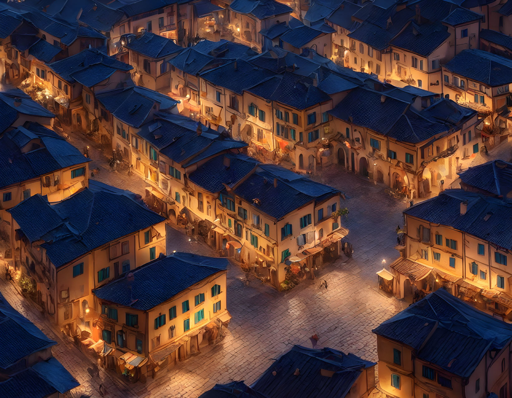 Nighttime aerial view of illuminated old town square with warm glow on cobblestone streets