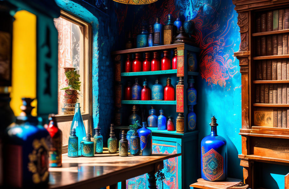 Colorful Bottles on Wooden Shelf Against Blue Wall with Red Patterns