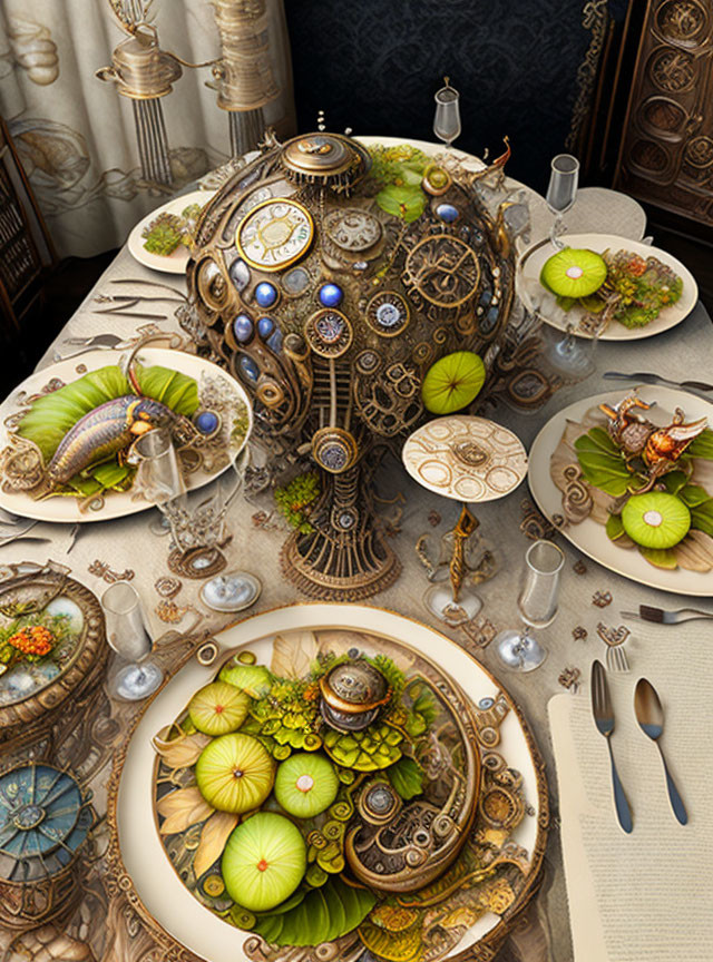 Steampunk-themed dining table with mechanical designs and intricate metalwork