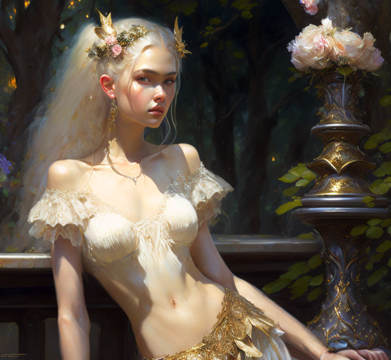 Ethereal woman with pale hair and golden accessories in fantasy setting