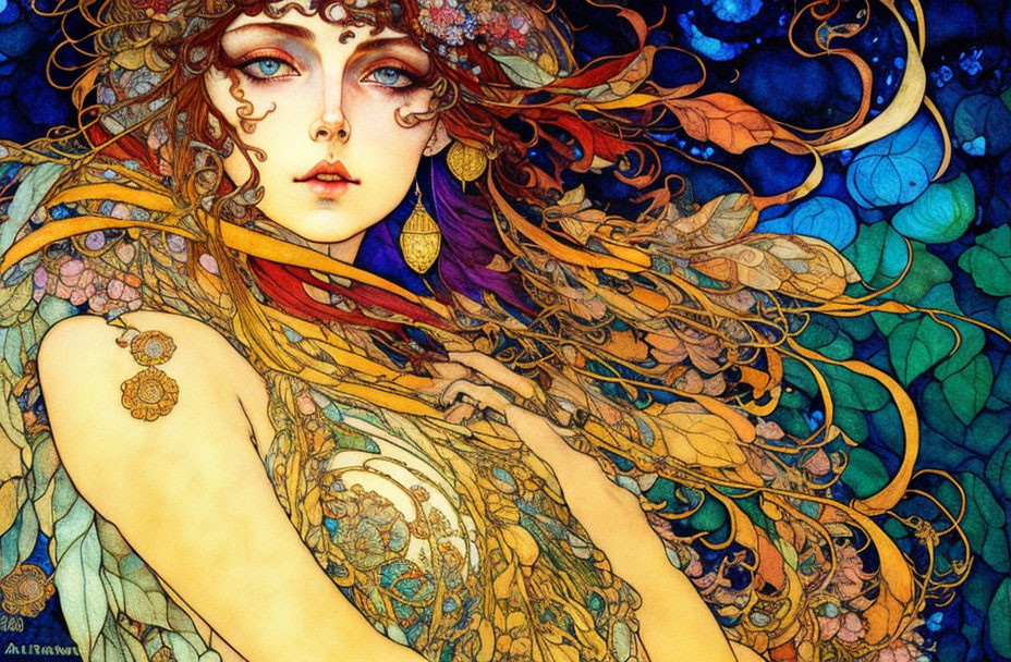 Colorful Art Nouveau Woman Illustration with Flowing Hair