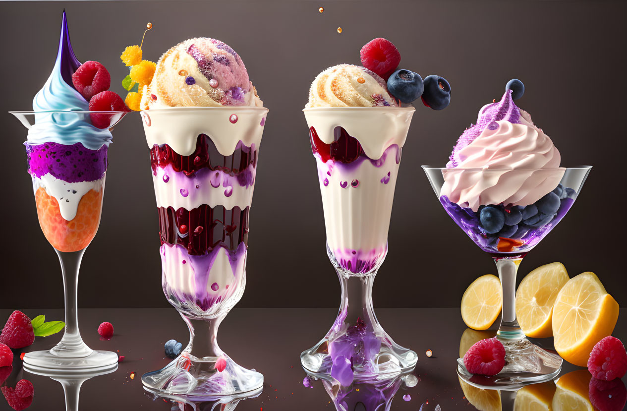 Colorful dessert glasses with ice creams, fruits, and toppings on reflective surface