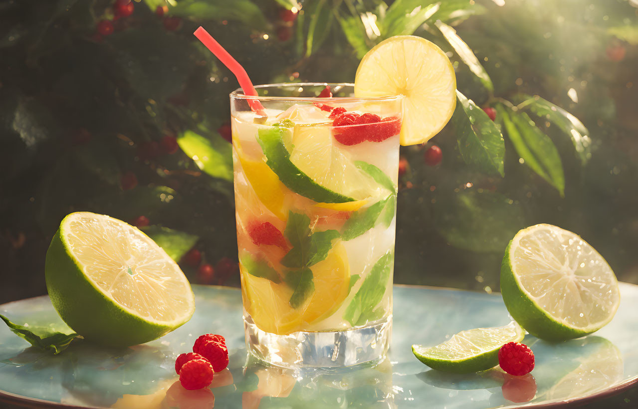 Fruit-Infused Water with Lime Slice and Raspberries in Sunny Setting