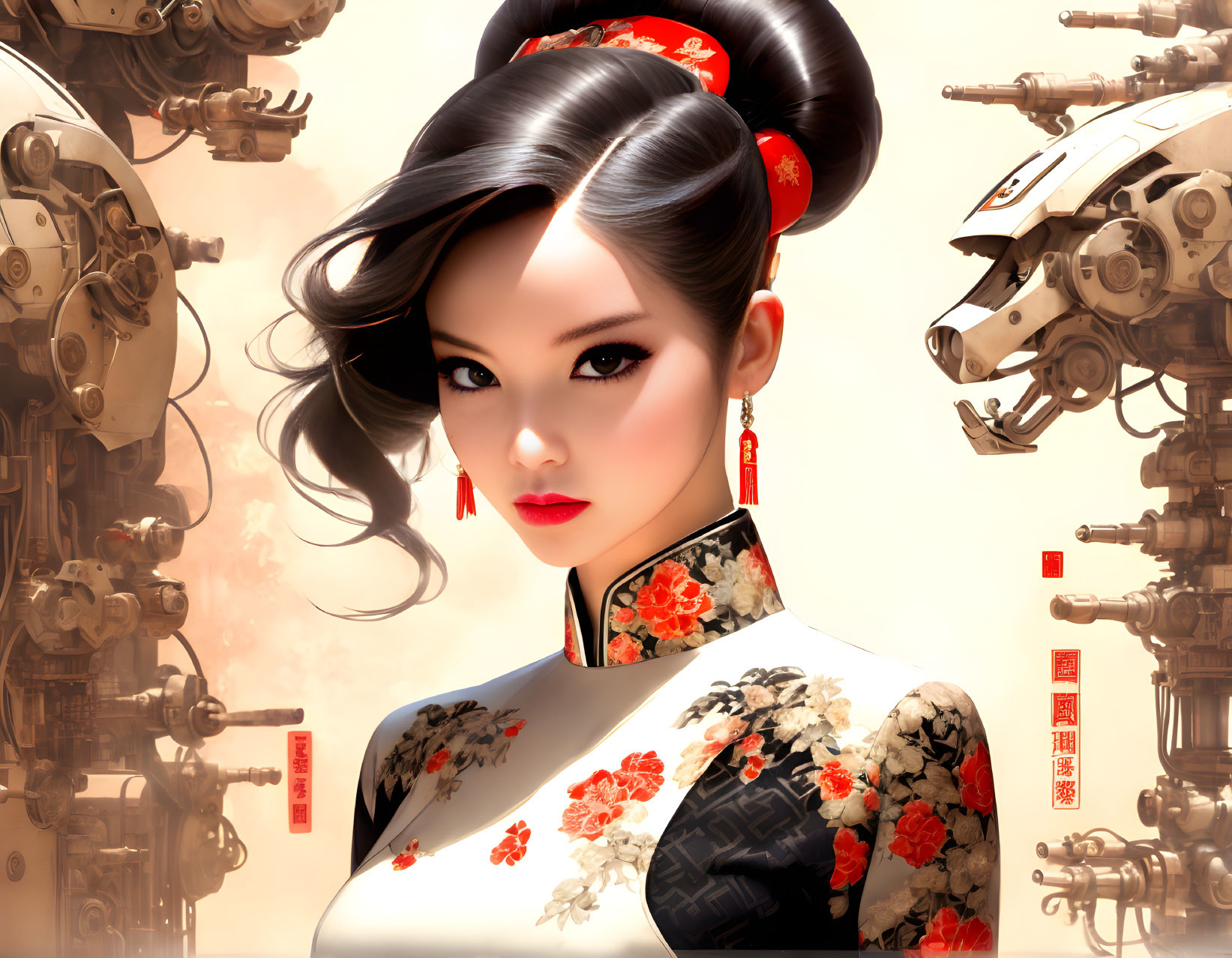 Stylized woman in traditional Asian attire with futuristic backdrop