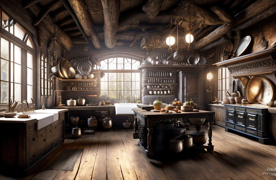 Rustic kitchen with wooden beams, copper cookware, vintage stove