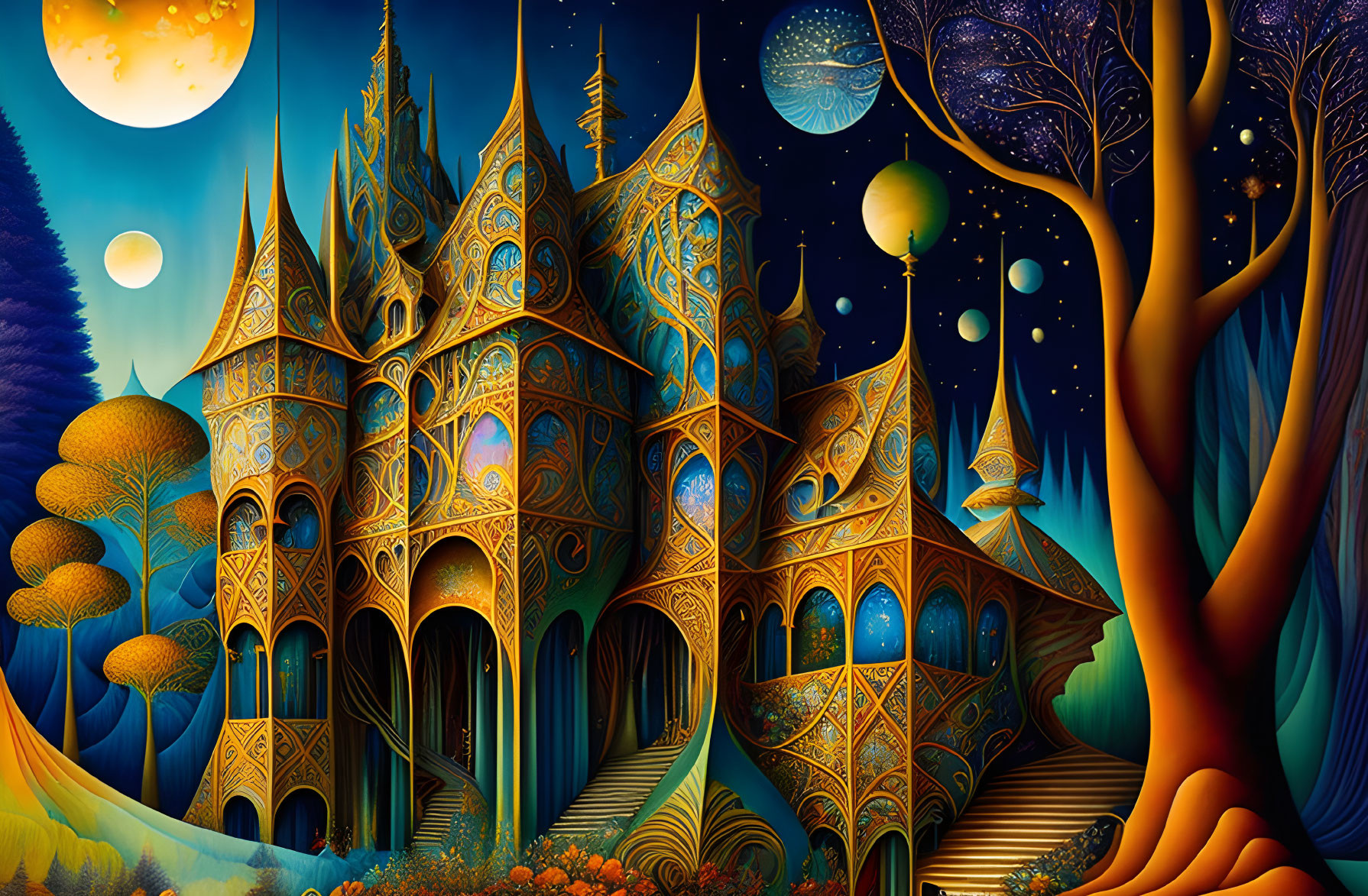 Mystical fantasy castle in enchanted forest under starry sky