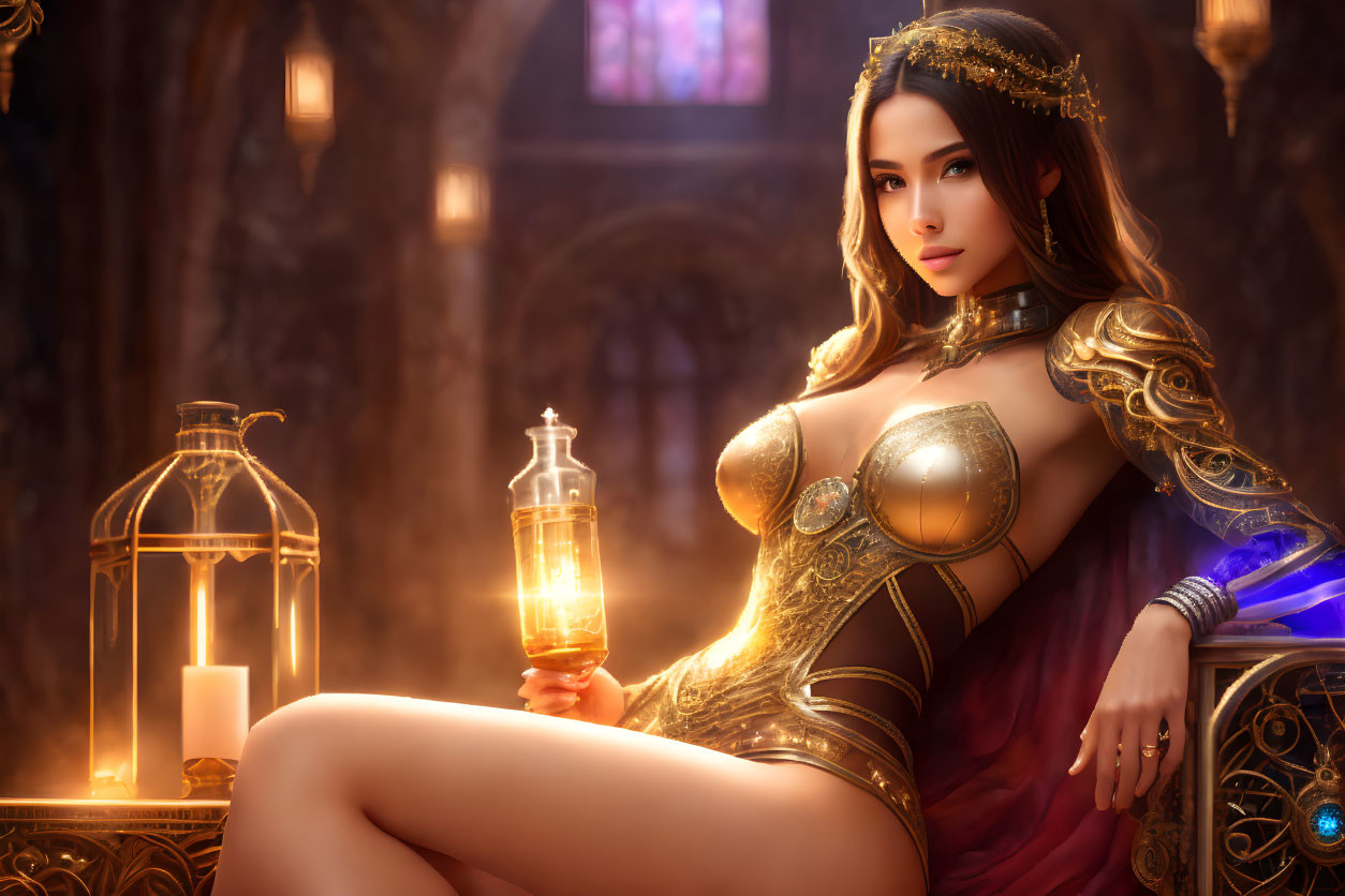 Fantasy-themed woman in golden armor with potion bottle in gothic interior