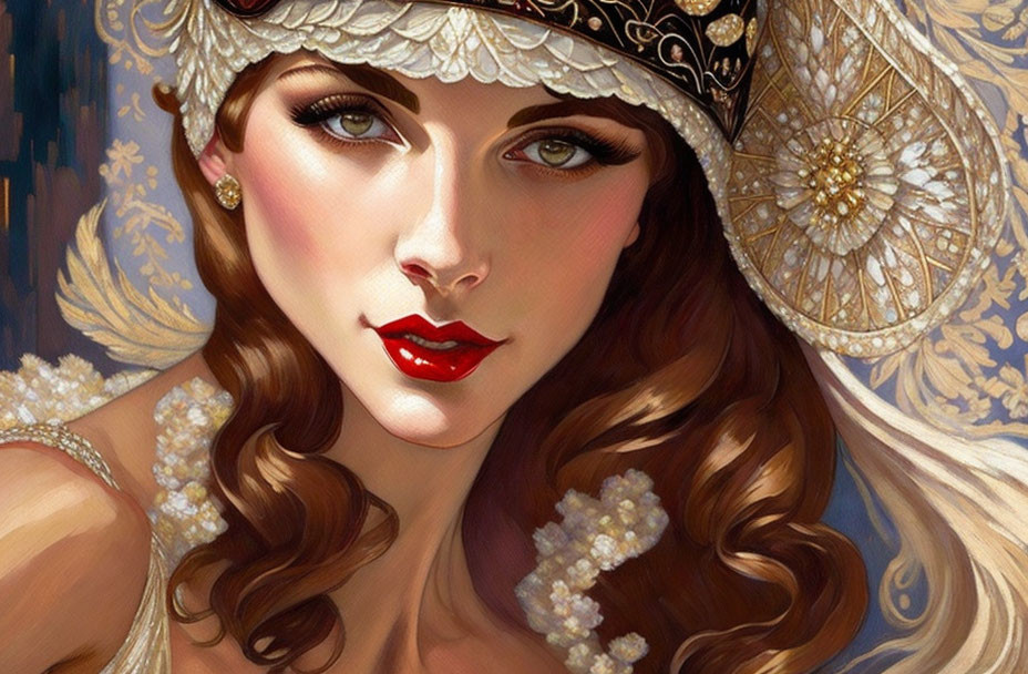 Digital painting of a woman with brown curls, red lips, and ornate headdress.