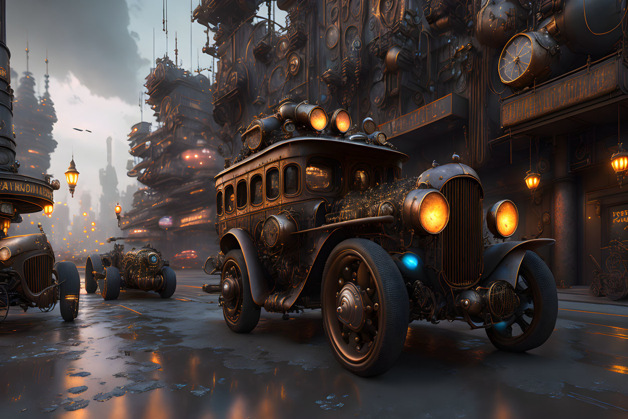 Steampunk cityscape with vintage vehicle and glowing headlights at dusk