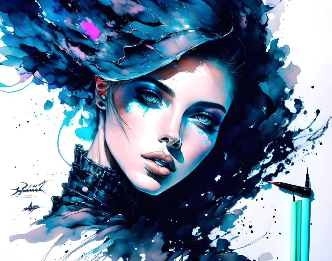 Vivid woman illustration with blue accents and dynamic ink splashes and pencil