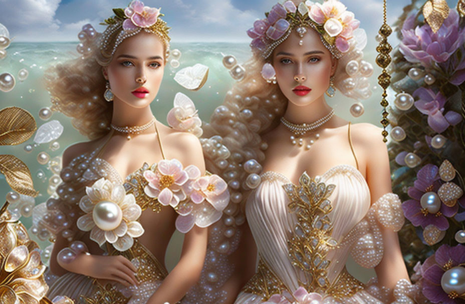 Elegant Women in Pearl Jewelry and Luxurious Dresses by the Sea