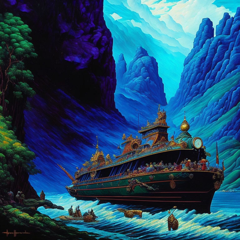 Ornate ship sailing through vibrant landscape