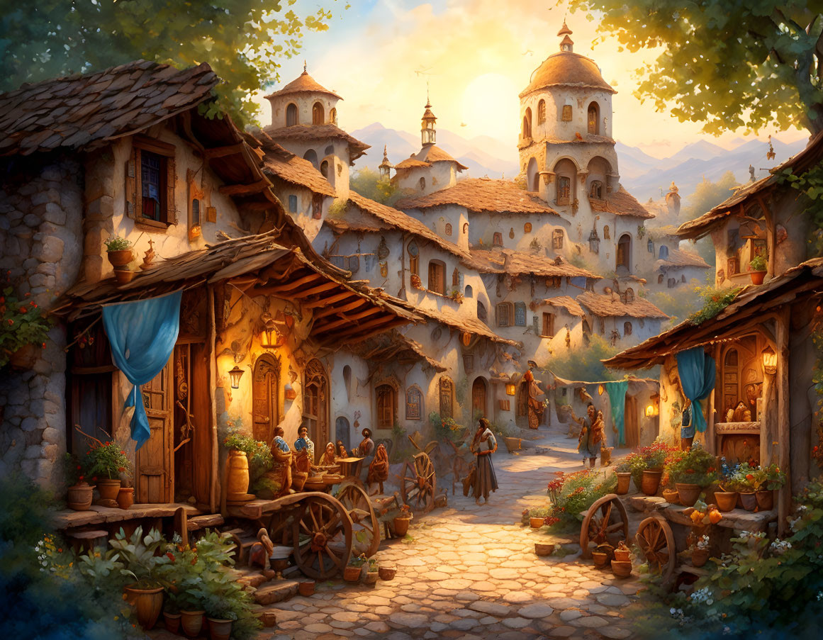 Charming village scene: stone houses, blue drapes, cobblestone paths, villagers, carts