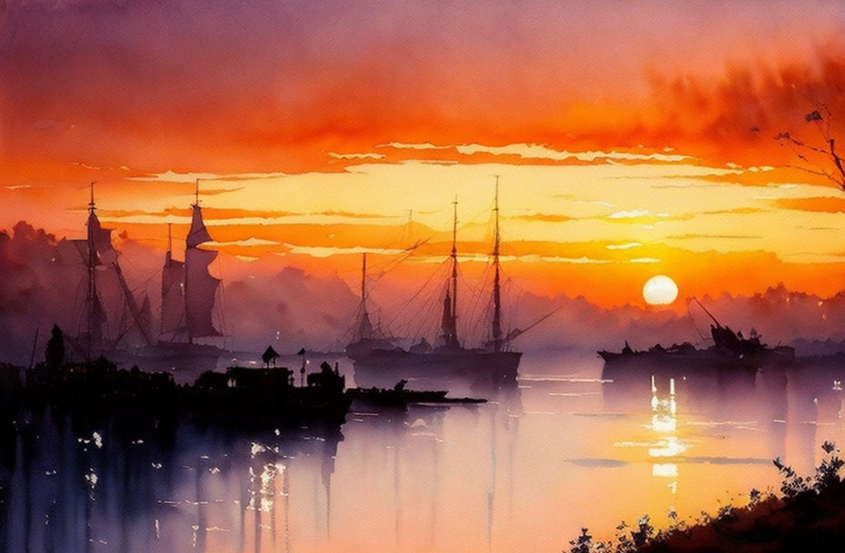 Tranquil watercolor of ships in harbor at sunset