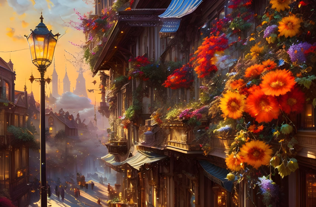 Vibrant flowers and ornate buildings on enchanting street at golden hour