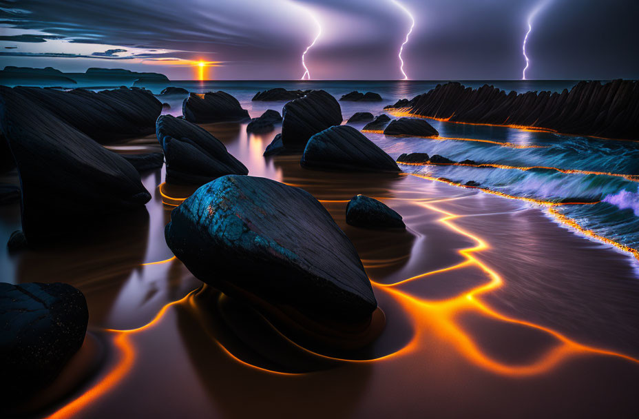 Dramatic beachscape at dusk with glowing cracks and lightning bolts