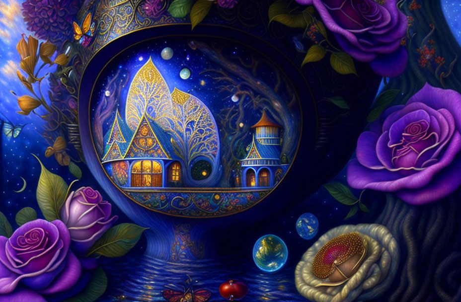 Glowing castle in bubble with purple roses on starry background