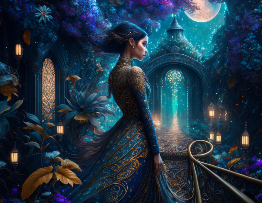 Illustrated woman in ornate dress explores moonlit garden with blue and purple hues