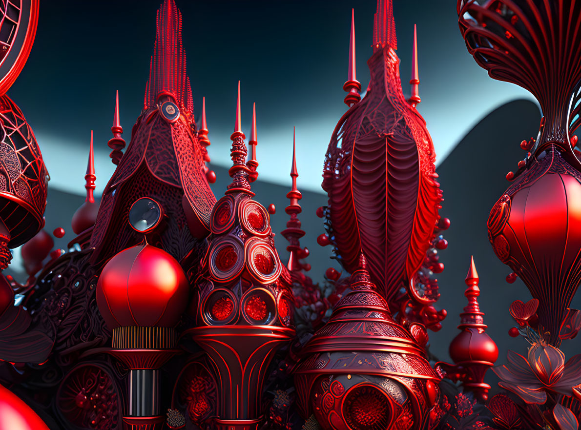 Red and Black Fractal Architecture in Futuristic Design