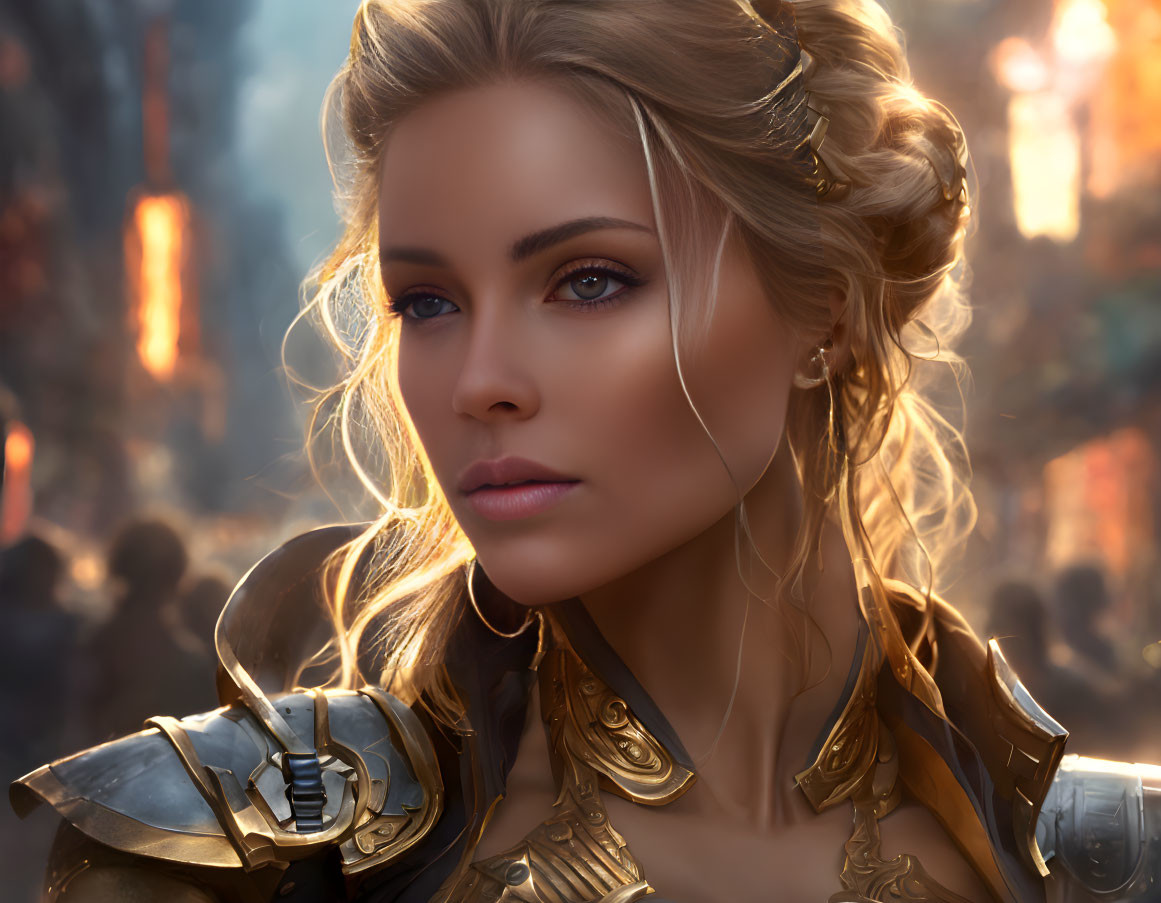 Blond woman in golden armor on fiery battlefield