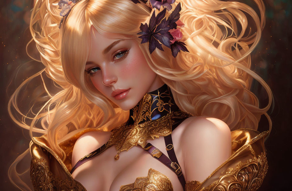 Illustrated woman in gold armor with golden hair and purple leaves on warm autumnal background